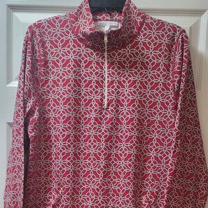 Talbots Hello Saturday Shirt Top Size L Red Circles 1/4 Zip Long Sleeve Pockets